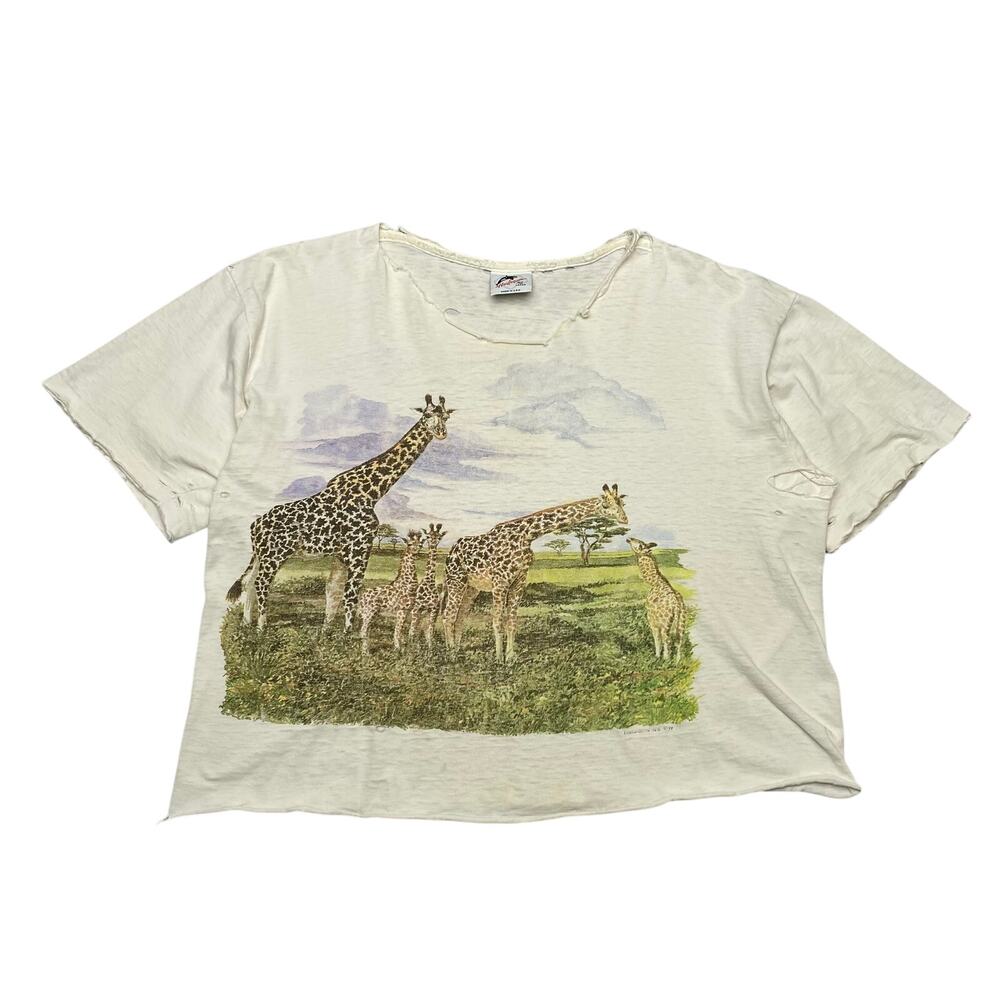 Vintage 80s Harlequin Giraffe Distressed Cropped T Shirt Large Single Stitch